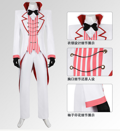 Lucifer Morningstar cosplay with wig from Hazbin Hotel, featuring detailed costume and vibrant red hair styled for the character.