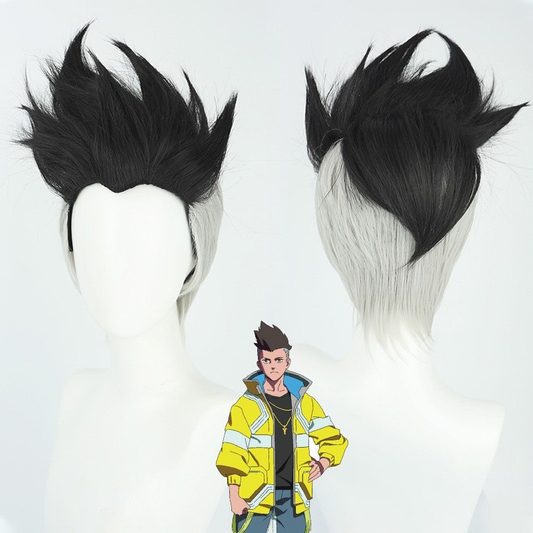 David Martinez cosplay with Cyberpunk Edgerunners-themed wig, featuring detailed costume and vibrant hair styled for the character.