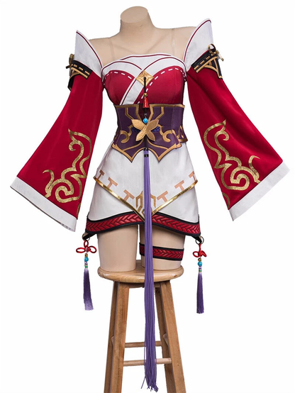 High-quality Ahri cosplay costume with matching wig by Shadora, featuring detailed design and vibrant colors.