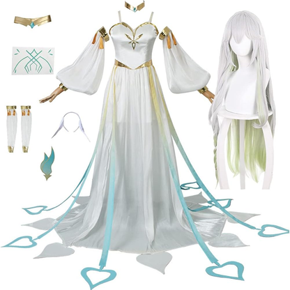 Shadora Rukkhadevata Genshin Impact cosplay with wig, featuring detailed costume and accessories on a model.