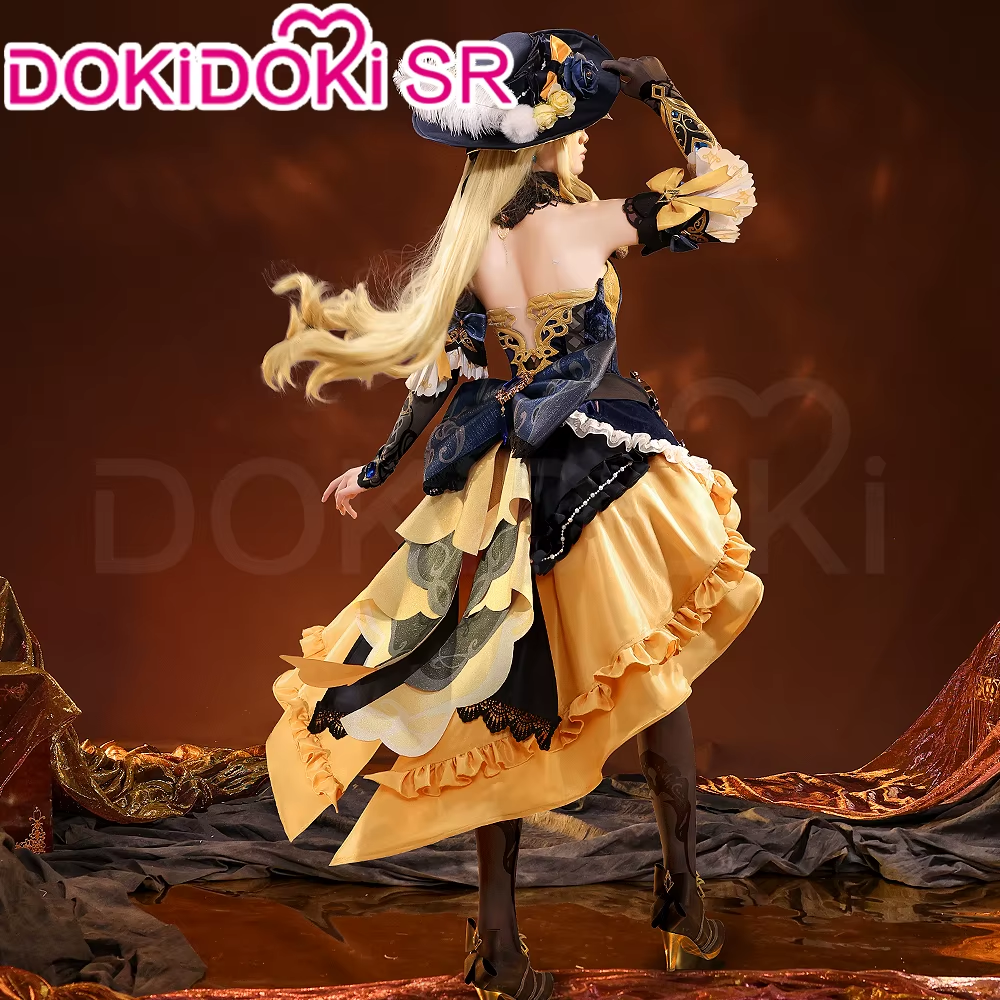 Genshin Impact SR Kalite Navia cosplay with wig, detailed costume and accessories, worn by a person in a cosplay setting