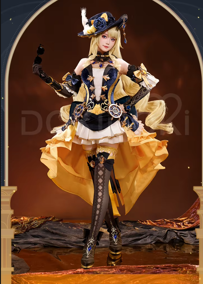 SR Kalite Navia cosplay and wig from Genshin Impact featuring detailed costume and styled pink wig, eprolo brand.