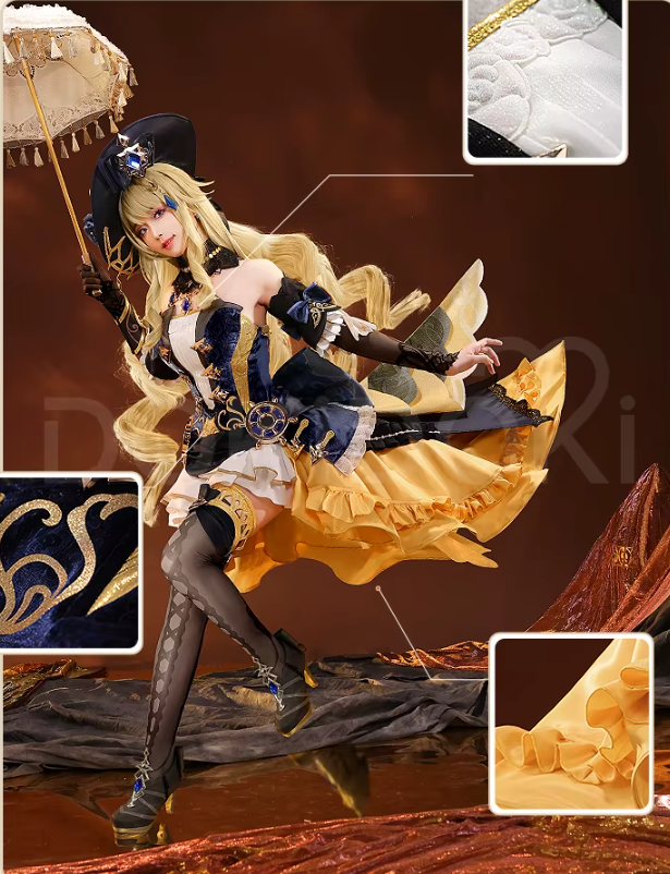 Eprolo SR Kalite Navia cosplay wig and costume inspired by Genshin Impact, featuring detailed design and vibrant colors.