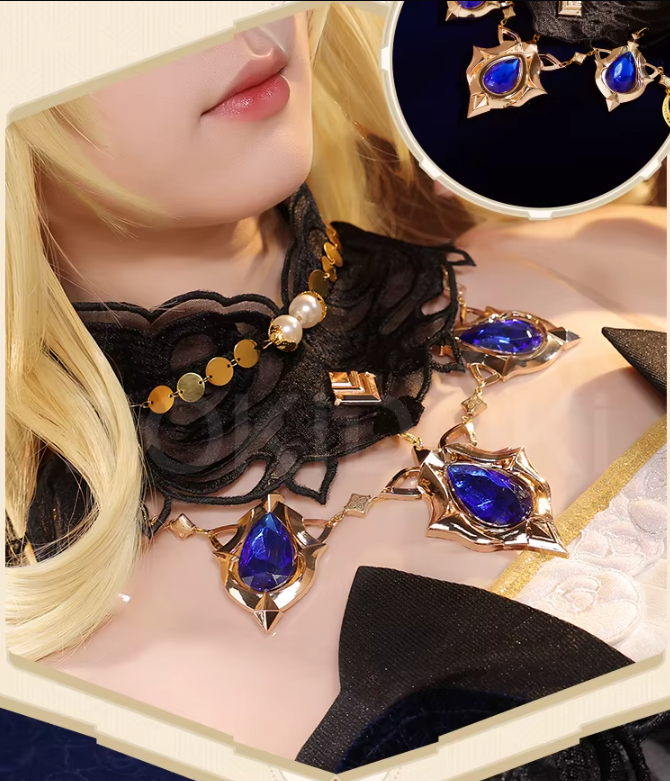 Genshin Impact SR Kalite Navia cosplay costume and wig, detailed blue and white outfit with long blue hair styled for cosplay.