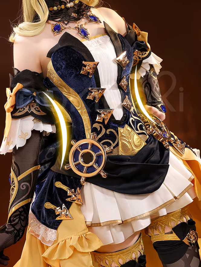 Eprolo SR Kalite Navia cosplay wig from Genshin Impact, featuring long silver hair with intricate styling and detailed costume elements.
