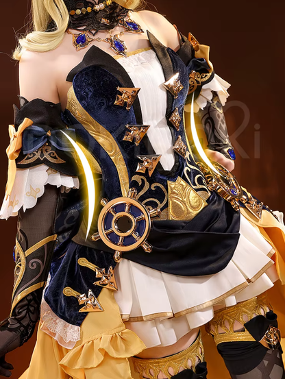 Eprolo SR Kalite Navia cosplay wig from Genshin Impact, featuring long silver hair with intricate styling and detailed costume elements.
