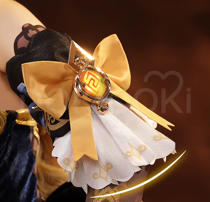 Genshin Impact SR Kalite Navia cosplay costume with matching peruk, featuring detailed fabric and vibrant character design.