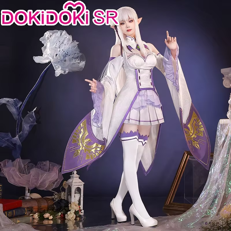 Shadora SR Kalite Emilia cosplay with wig from Re:Zero, featuring detailed costume and long silver hair wig.