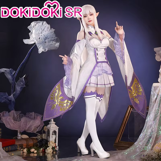Shadora SR Kalite Emilia cosplay with wig from Re:Zero, featuring detailed costume and long silver hair wig.