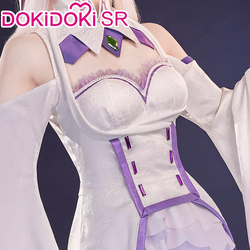 Shadora SR Kalite Emilia cosplay with wig from Re:Zero, featuring detailed costume and long silver wig on a model.