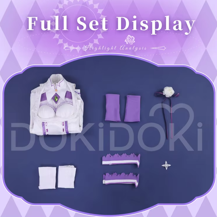 Shadora SR Kalite Emilia Re:Zero cosplay with matching Peruk, featuring detailed costume and wig on a model.