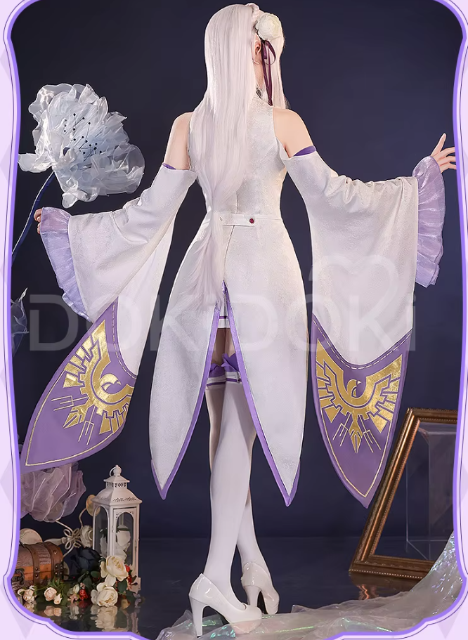 SR Kalite Emilia cosplay costume and wig from Re:Zero, featuring detailed design and vibrant colors, worn by a person in the image.