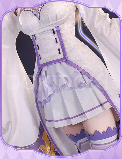 Shadora SR Kalite Emilia cosplay with wig from Re:Zero, featuring detailed costume and long silver hair wig.