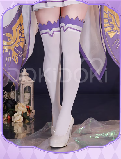 Shadora SR Kalite Emilia cosplay and wig from Re:Zero, featuring detailed costume and long silver wig on a model.