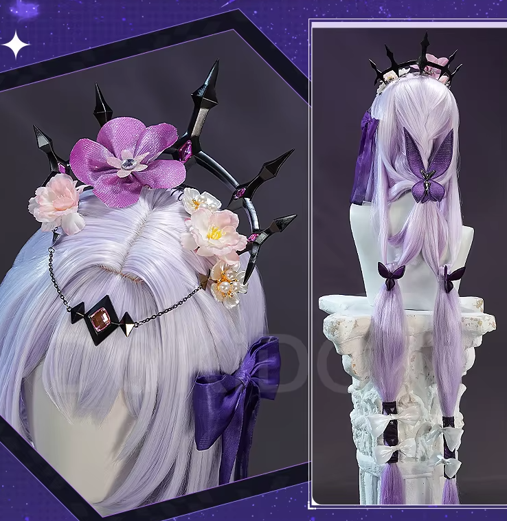 Eprolo SR Kalite Castorice Cosplay with wig from Honkai: Star Rail, featuring detailed costume and vibrant character accessories.