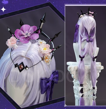 Eprolo SR Kalite Castorice Cosplay with wig from Honkai: Star Rail, featuring detailed costume and vibrant character accessories.