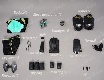 Viper cosplay costume from Valorant by Shadora, featuring detailed mask, gloves, and tactical outfit for gaming cosplay enthusiasts.