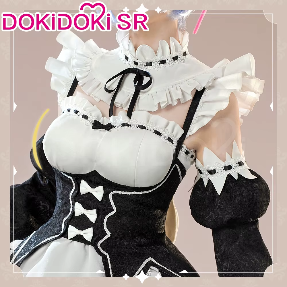 SR Kalite Rem/Ram cosplay costume from Re:Zero, featuring detailed blue and white outfit with accessories, worn by a model.