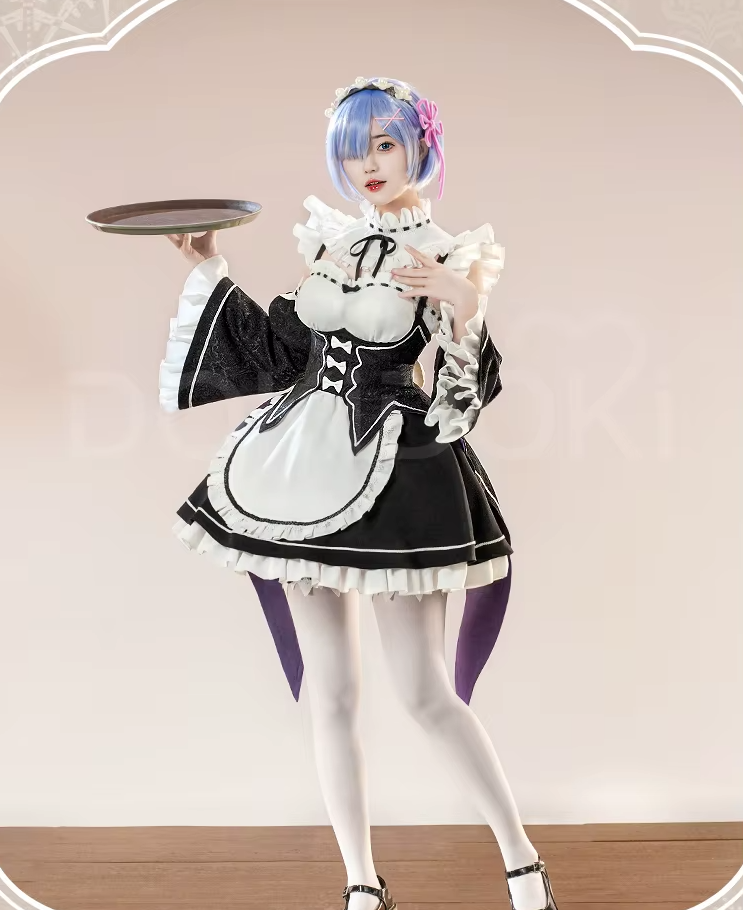 Re:Zero SR Kalite Rem/Ram cosplay costume from eprolo, featuring detailed fabric and character accessories.