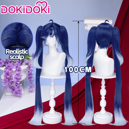 Iuno cosplay and wig from Wuthering Waves fanart featuring Shadora costume and detailed blue hair.