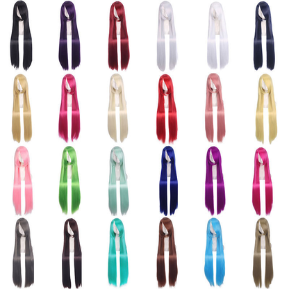 Colorful long eprolo wig, 100cm length, with vibrant shades and flowing style, shown on a mannequin.