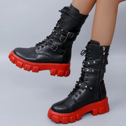 Deri Platform Bağcıklı Punk Gotik Bot