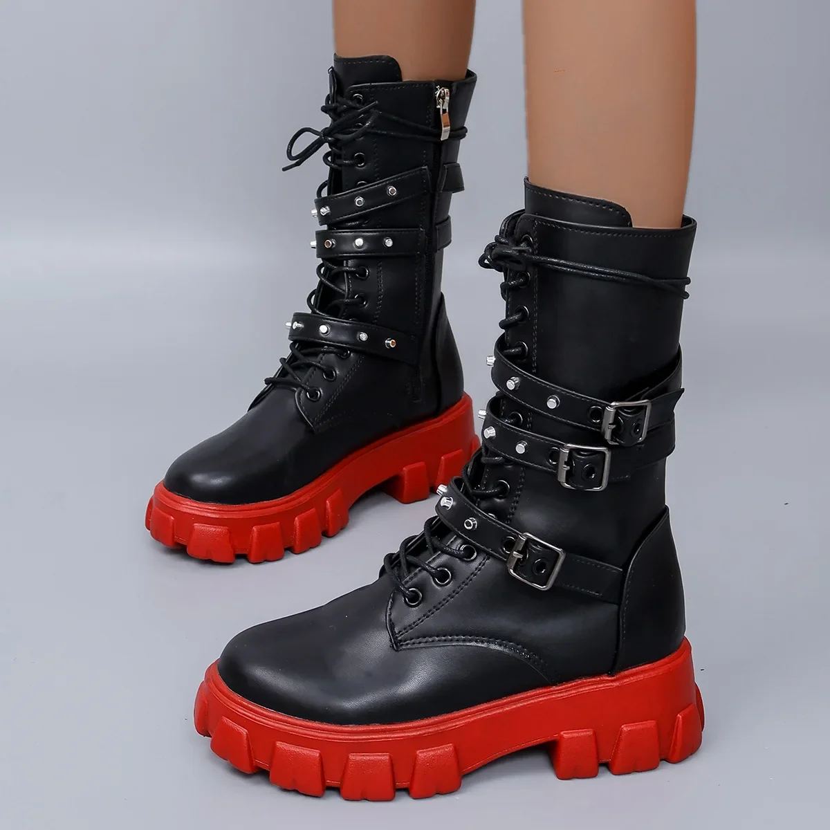 Deri Platform Bağcıklı Punk Gotik Bot