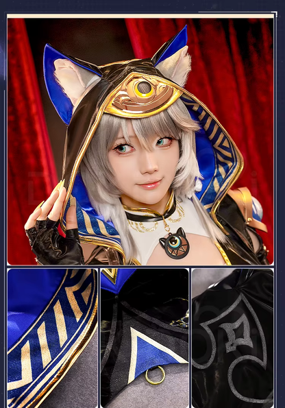 Shadora SR Kalite Cipher Cosplay with Peruk from Honkai: Star Rail, featuring detailed costume and wig on a mannequin.