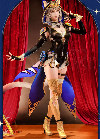 Shadora SR Kalite Cipher Cosplay costume with matching Peruk from Honkai: Star Rail, featuring detailed fabric and vibrant colors.