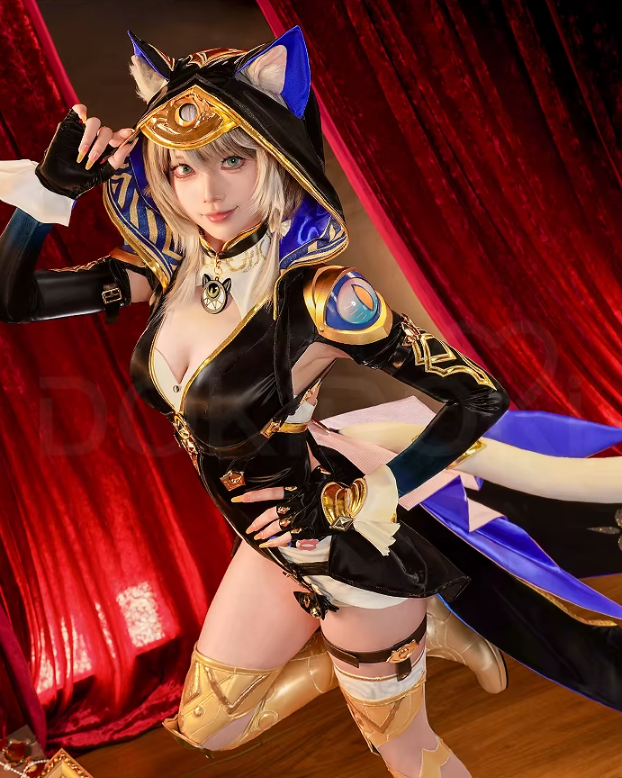 Shadora SR Kalite Cipher Cosplay and wig from Honkai: Star Rail, featuring detailed costume and styled wig on a model.