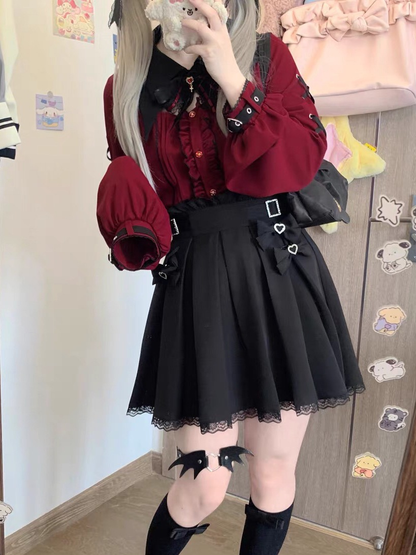 Dark vampire lace 2-piece set with blouse and skirt by Shadora, featuring intricate lace details and a gothic-inspired style.