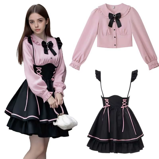 Pink Jirai Kei Lolita dress set with bow details, featuring a frilly design and intricate lace accents, perfect for elegant Lolita fashion.