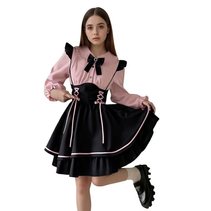 Pink Jirai Kei Lolita dress set with bow details, featuring a cute, frilly design perfect for Japanese-inspired fashion.