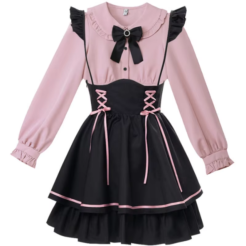 Pink Jirai Kei Lolita dress set with bow details, featuring a cute and elegant design, perfect for lolita fashion styles.