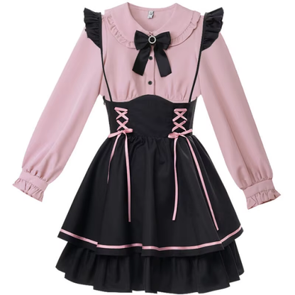 Pink Jirai Kei Lolita dress set with bow details, featuring a cute and elegant design, perfect for lolita fashion styles.