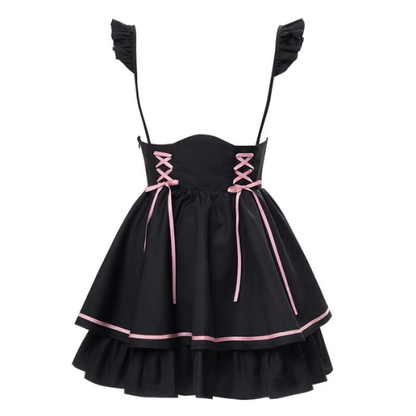 Pink Jirai Kei Lolita dress set with bow details, featuring a feminine, frilly design perfect for cosplay or themed events.