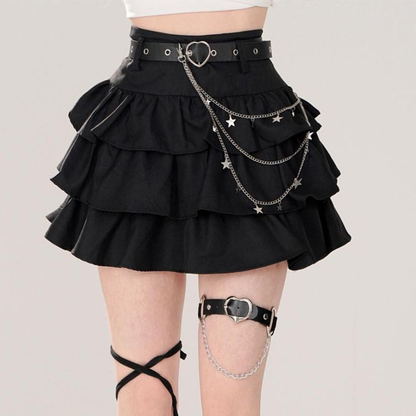 High-waisted mini skirt with ruffles and chain details by eprolo, shown in black fabric with a flared silhouette.