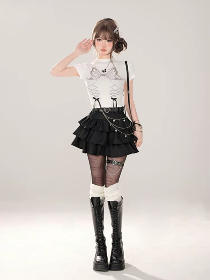 High-waisted mini skirt with chain details and ruffled hem, stylish design by eprolo featuring a trendy silhouette.