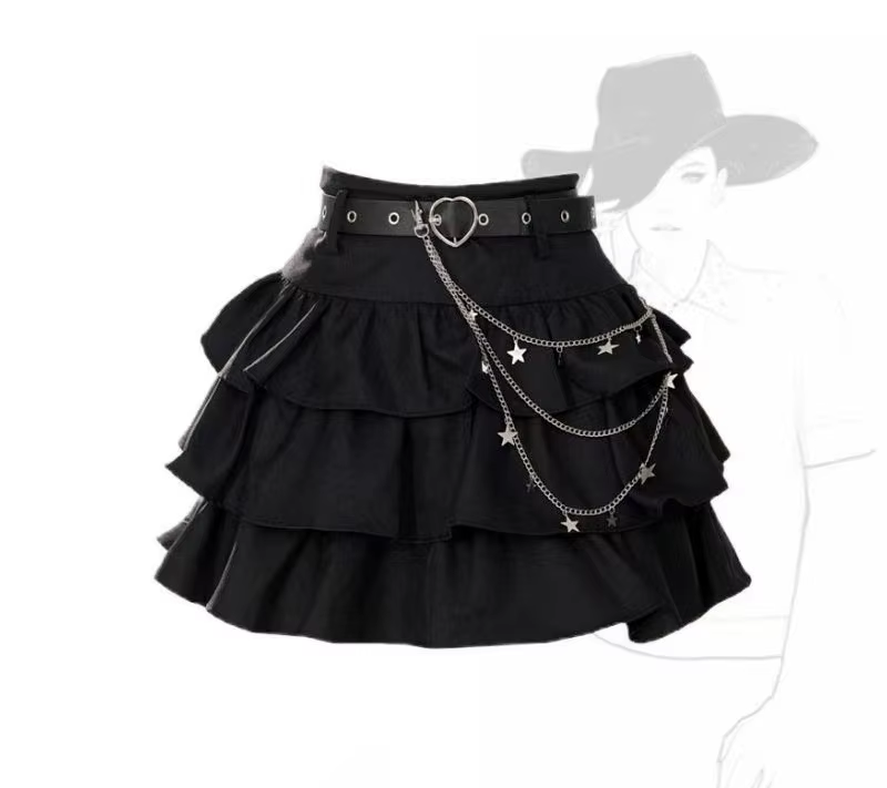 High-waisted mini skirt with ruffles and chain details from eprolo, featuring a stylish and trendy design.