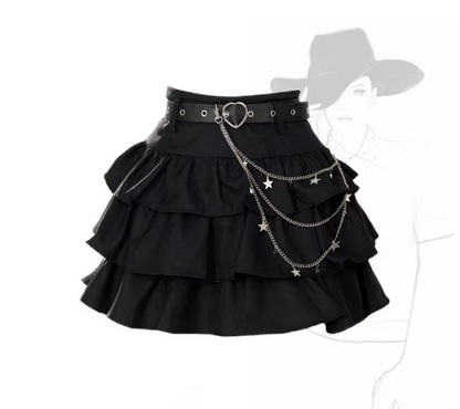 High-waisted mini skirt with ruffles and chain details from eprolo, featuring a stylish and trendy design.