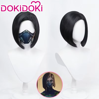 Shadora Viper Cosplay and wig from Valorant, featuring detailed costume and green hair wig on a model.
