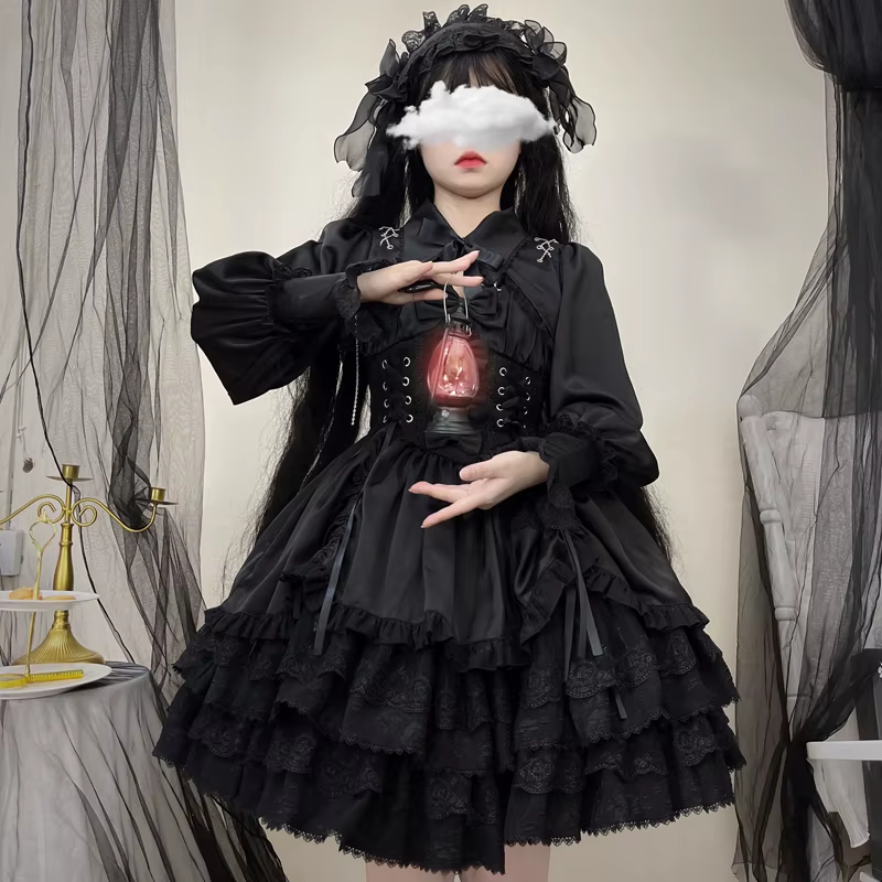 Black Lolita Gothic two-piece elegant dress from eprolo, featuring lace details and a fitted bodice with a flared skirt.