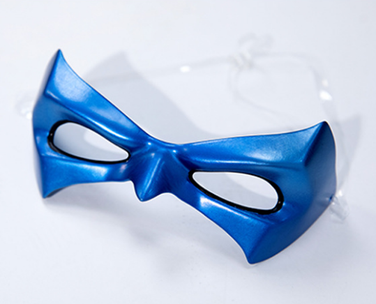 Nightwing Grayson cosplay costume from Shadora, featuring a sleek black and blue suit with a mask and emblem details.