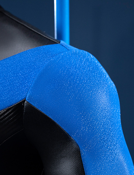 Nightwing Grayson cosplay costume by Shadora, featuring a sleek black and blue superhero outfit with mask and emblem details.