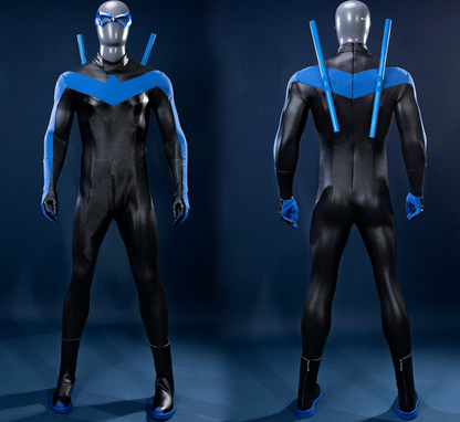 Nightwing Grayson cosplay costume by Shadora featuring a black and blue hero suit with a mask and utility belt.
