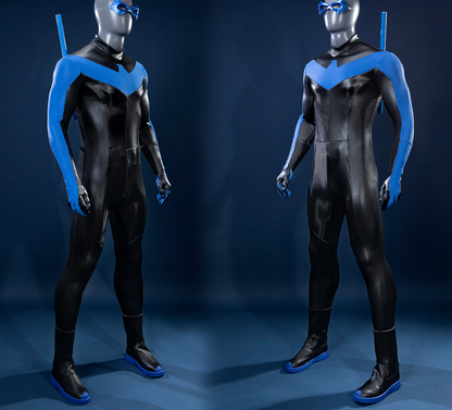 Nightwing Grayson cosplay costume by Shadora featuring a sleek black and blue suit with a mask and emblem details.