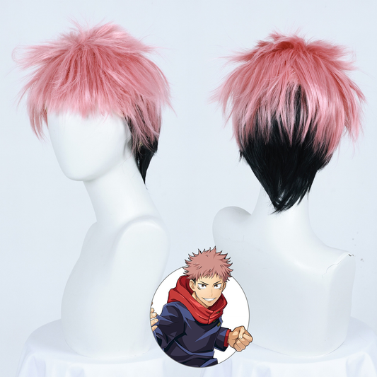 Yuji Itadori cosplay with wig from Jujutsu Kaisen, featuring spiky black hair and costume, by Shadora.