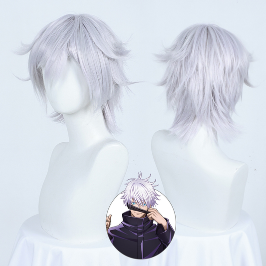 Gojo Cosplay with Peruk wig from Jujutsu Kaisen by Shadora, featuring the character's signature white hair and costume details.