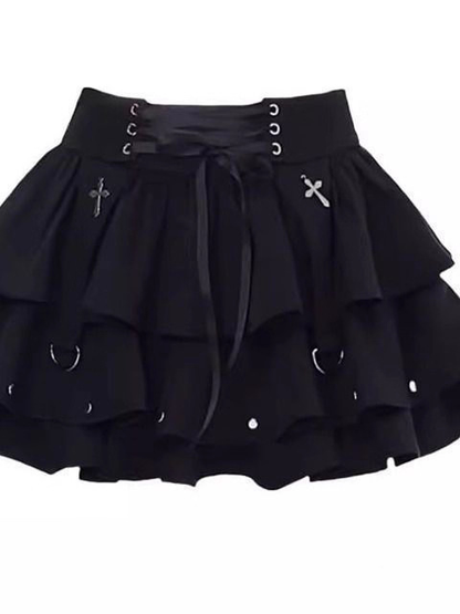 Black high-waisted textured mini skirt by Shadora, showcasing its fitted style and fabric details.
