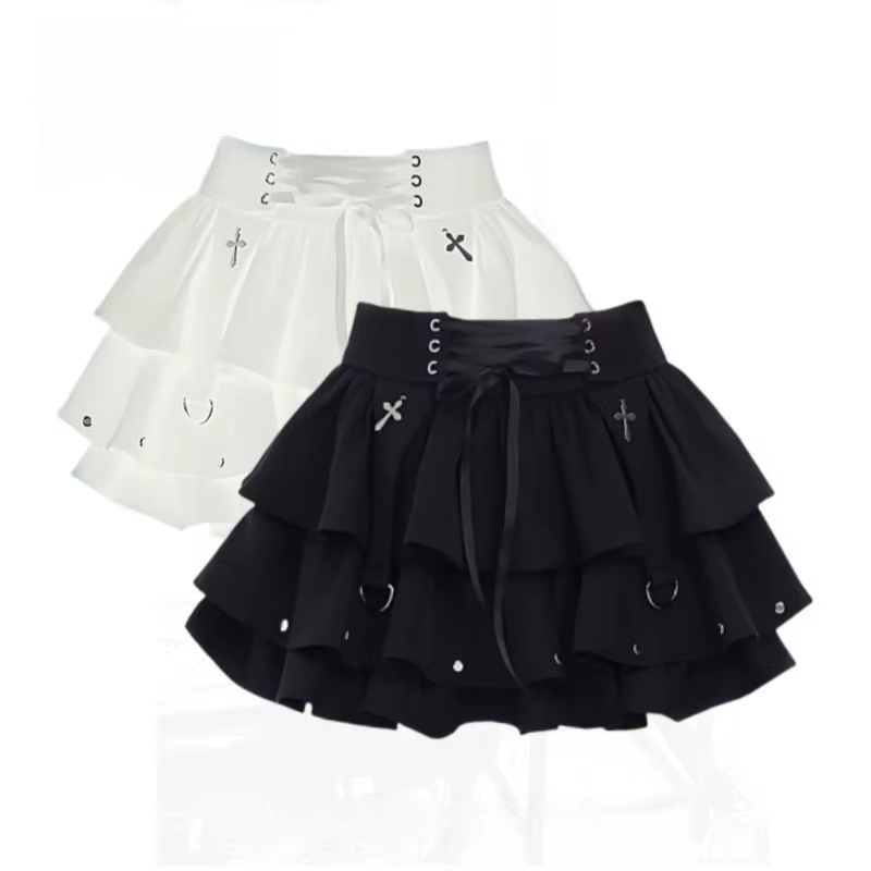 Shadora black high-waisted textured mini skirt displayed on a model, showcasing the stylish design and fabric details.